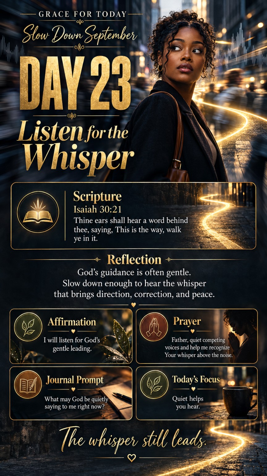 Grace For Today Slow Down September Day 23: Listen for the Whisper devotional graphic