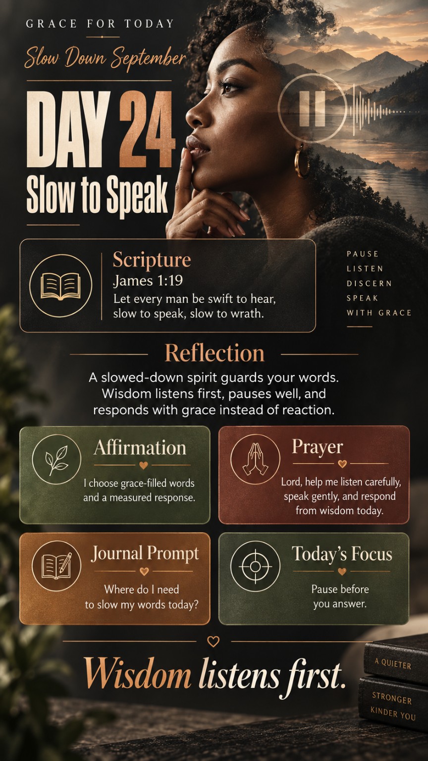 Grace For Today Slow Down September Day 24: Slow to Speak devotional graphic