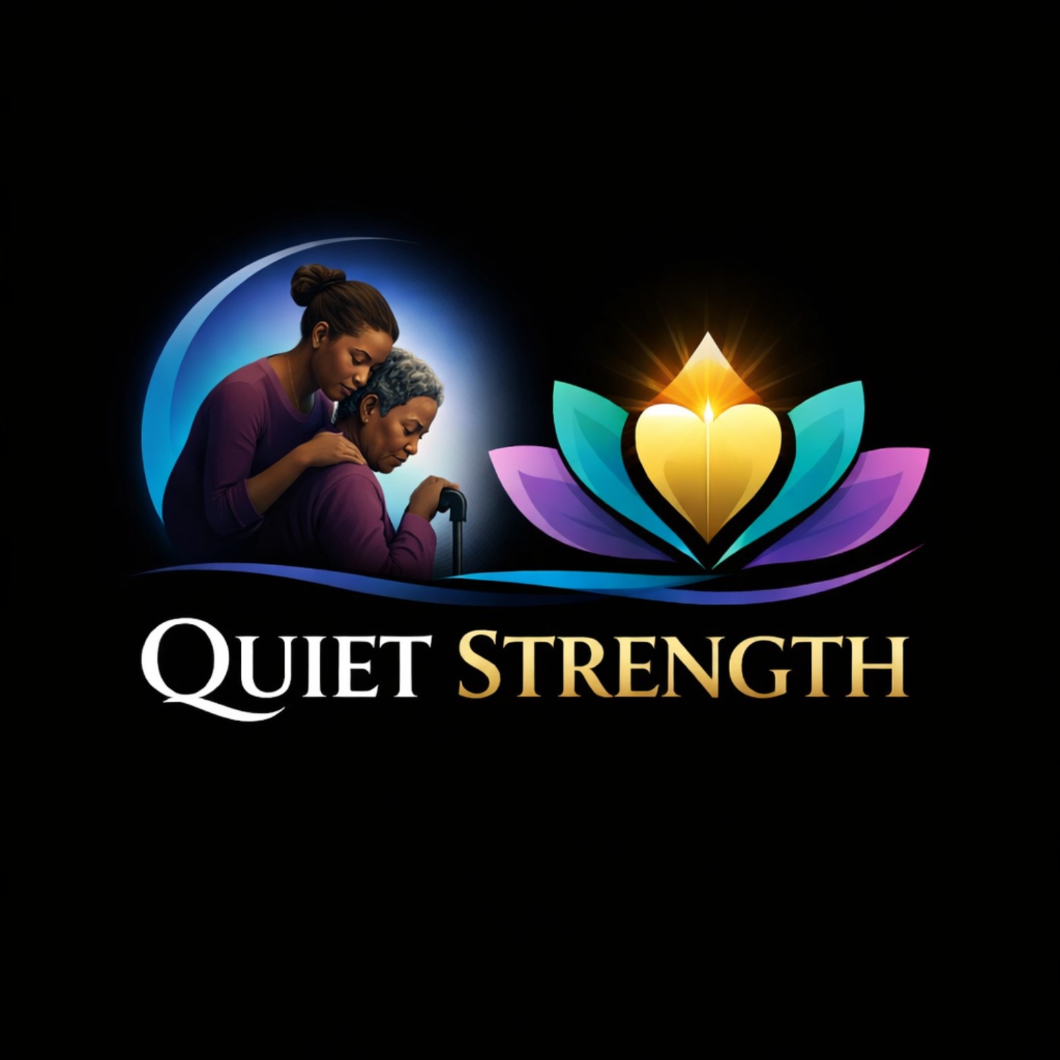 Quiet Strength caregiver devotional logo featuring a caregiver comforting an older woman beside a glowing heart and flower
