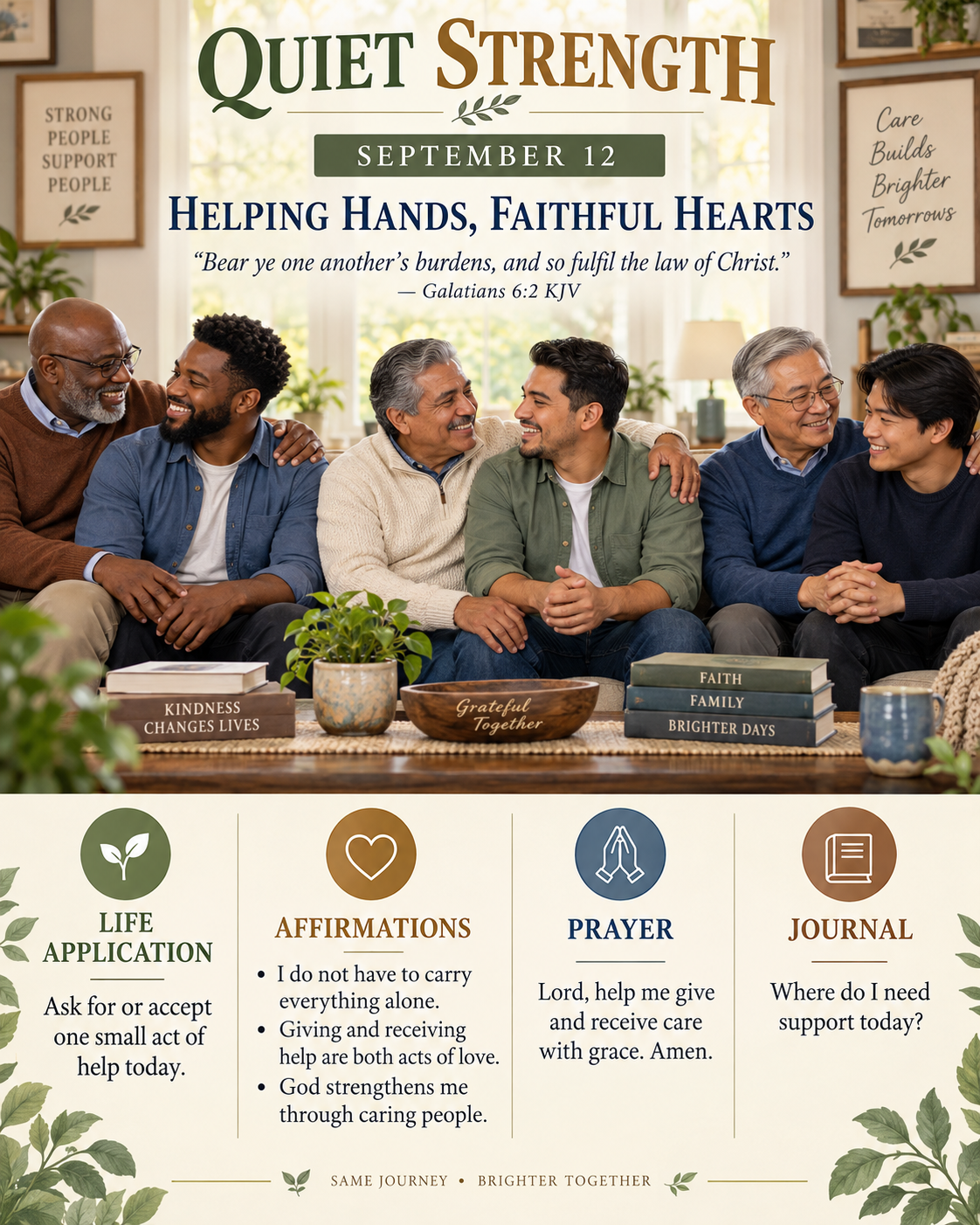 Quiet Strength caregiver devotional for September 12, 2026 featuring multicultural fathers and adult sons sharing loving support