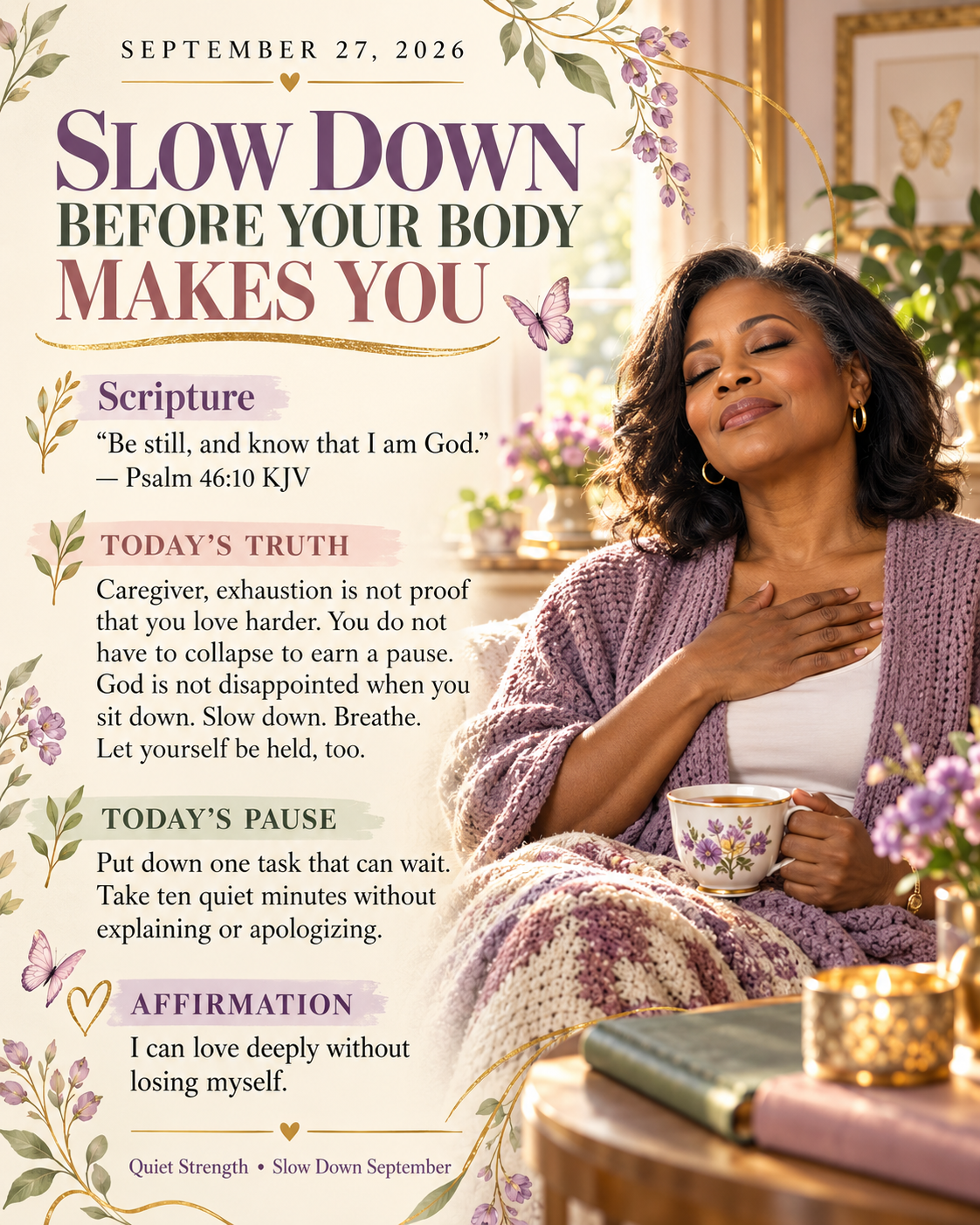 Quiet Strength September 27 caregiver devotional infographic