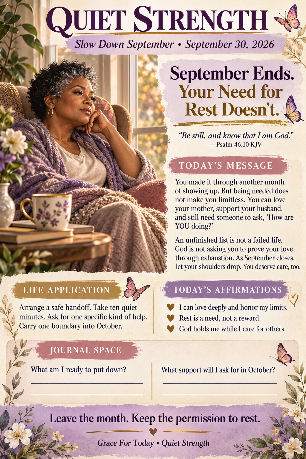 September 30 Quiet Strength caregiver devotional infographic